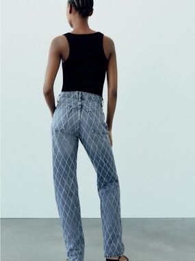 Zara Blue Diamond-Print Straight Jeans